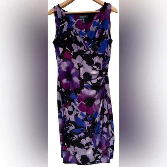 Lauren Ralph Lauren Floral Ruched Sheath Dress Purple Blue Surplice Neck Size 10 - Picture 3 of 9